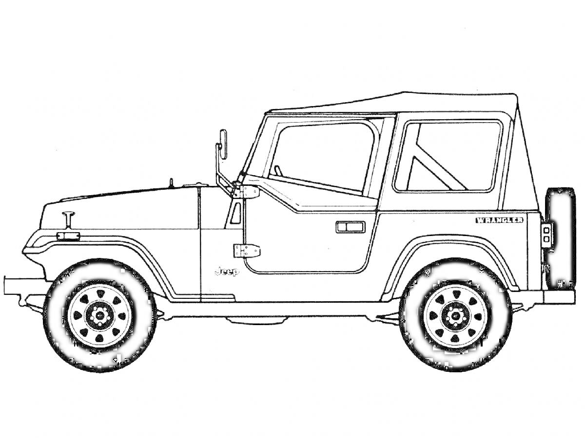 Раскраска Военный джип с закрытым верхом, запасным колесом и дверцей