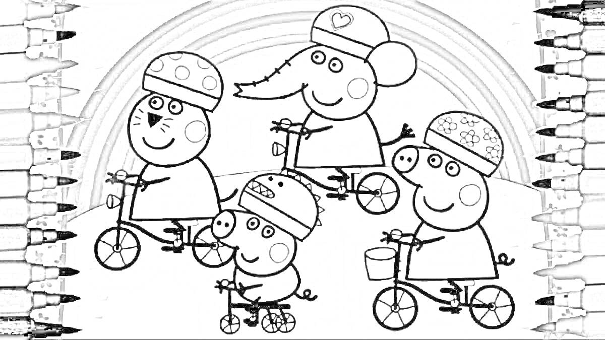 На раскраске изображено: Радужные друзья, Шлемы, Безопасность, Персонаж, Велосипед