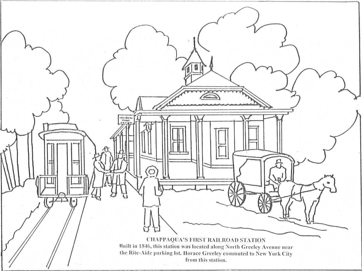 Раскраска Чампаинская первая железнодорожная станция с поездом, конной повозкой, людьми и деревьями