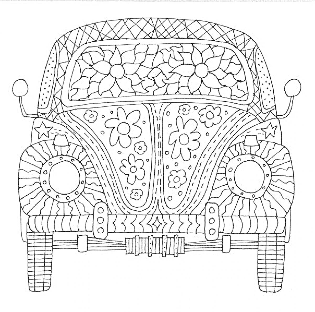 Раскраска Машина с цветочным узором на капоте и стекле, зеркалами и фарами.
