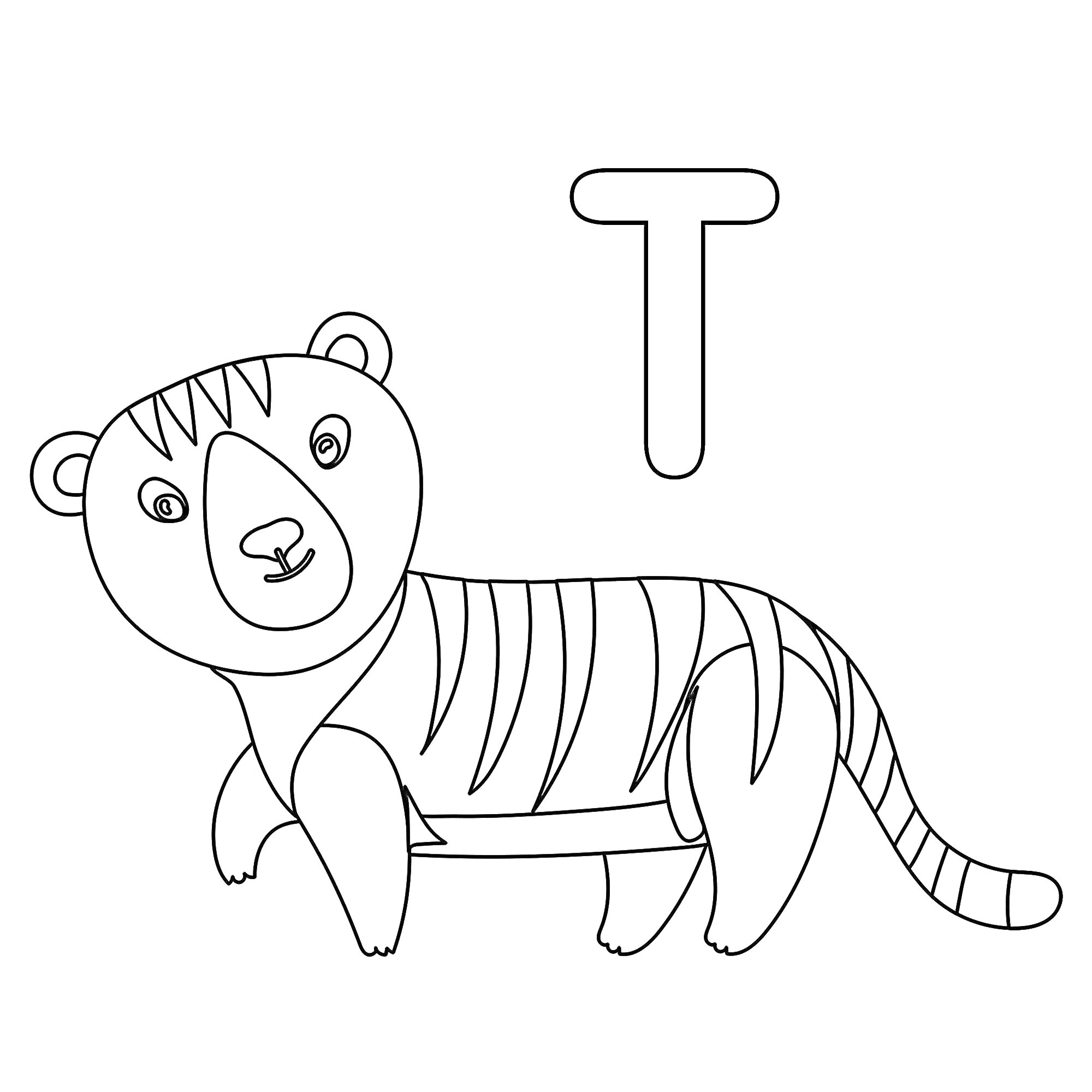 На раскраске изображено: Буква Т, Тигр, Обучение, Дошкольники, Животные, Алфавит, Для детей