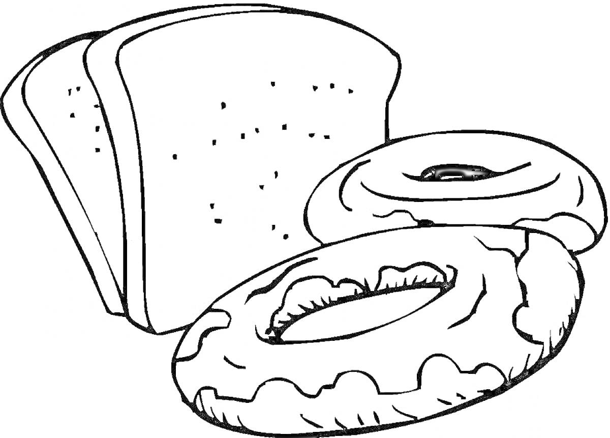 На раскраске изображено: Пончик, Тост, Хлеб, Выпечка, Еда