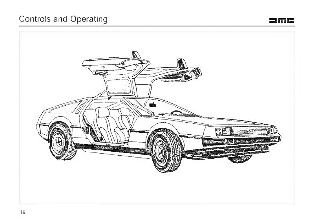 Делориан с открытыми дверями-крыльями и видимой внутренней частью салона