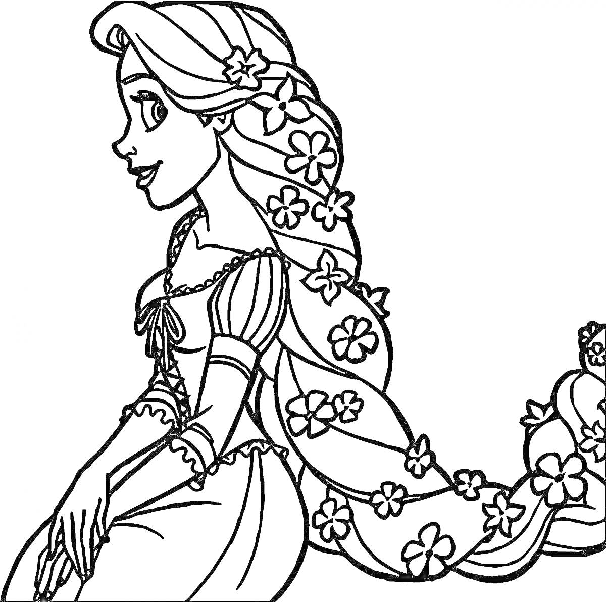 На раскраске изображено: Русалка, Рапунцель, Длинные волосы, Цветы