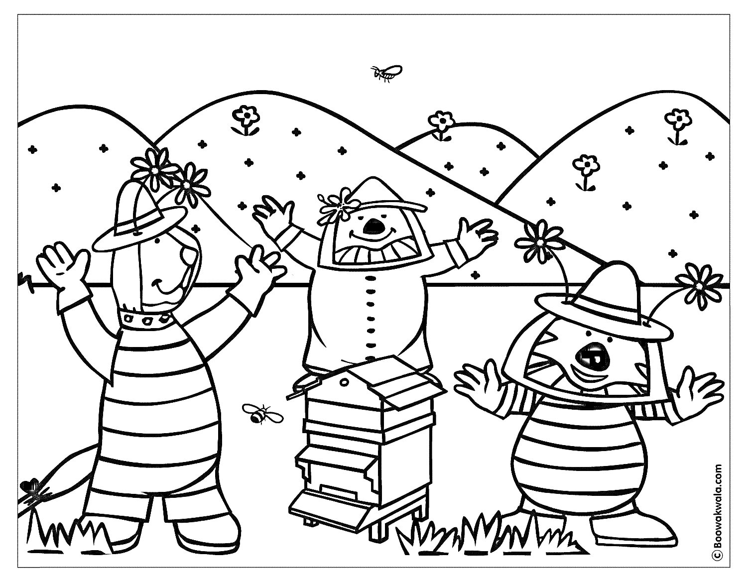Раскраска Пчеловодство: трое персонажей в шляпах, улей, горы, цветы, бабочка и пчелы