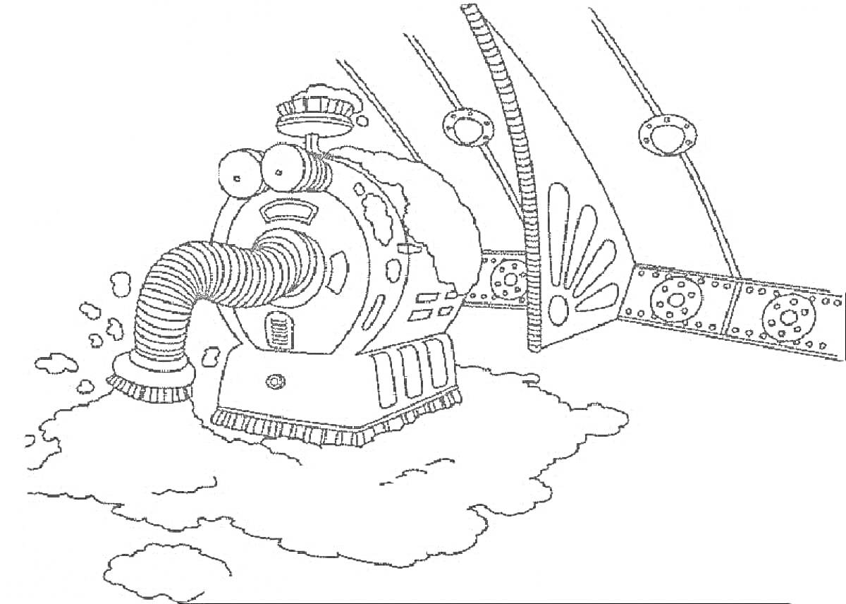 На раскраске изображено: Пылесос, Космос, Уборка, Механизмы, Робот, Фантастика, Техника, Труба