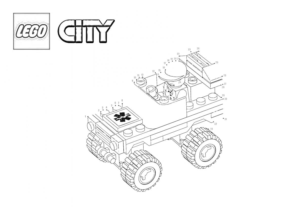 Джип лего из наборов LEGO City с логотипом LEGO City, деталями передней решетки, четырьмя колесами, открытым кузовом, наклейкой на капоте, рулём и сиденьем.
