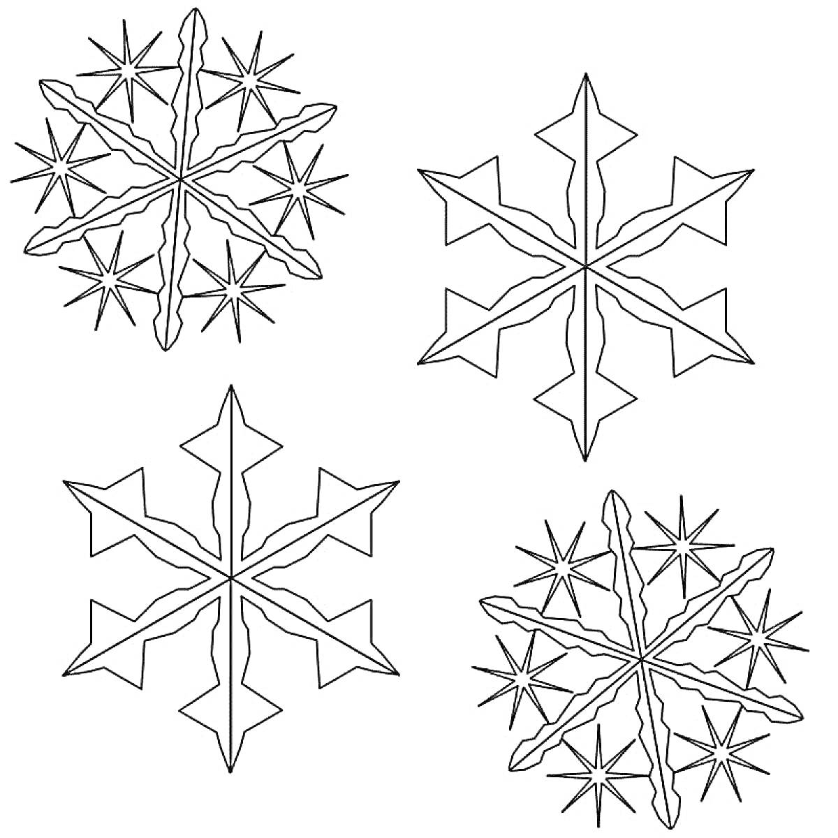 Раскраска с тремя снежинками с разным узором
