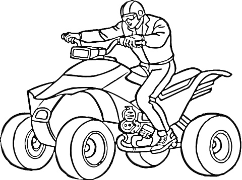 На раскраске изображено: Квадроцикл, Водитель, Защитная одежда, Транспорт, Колеса, Линии, Путешествия, Шлемы