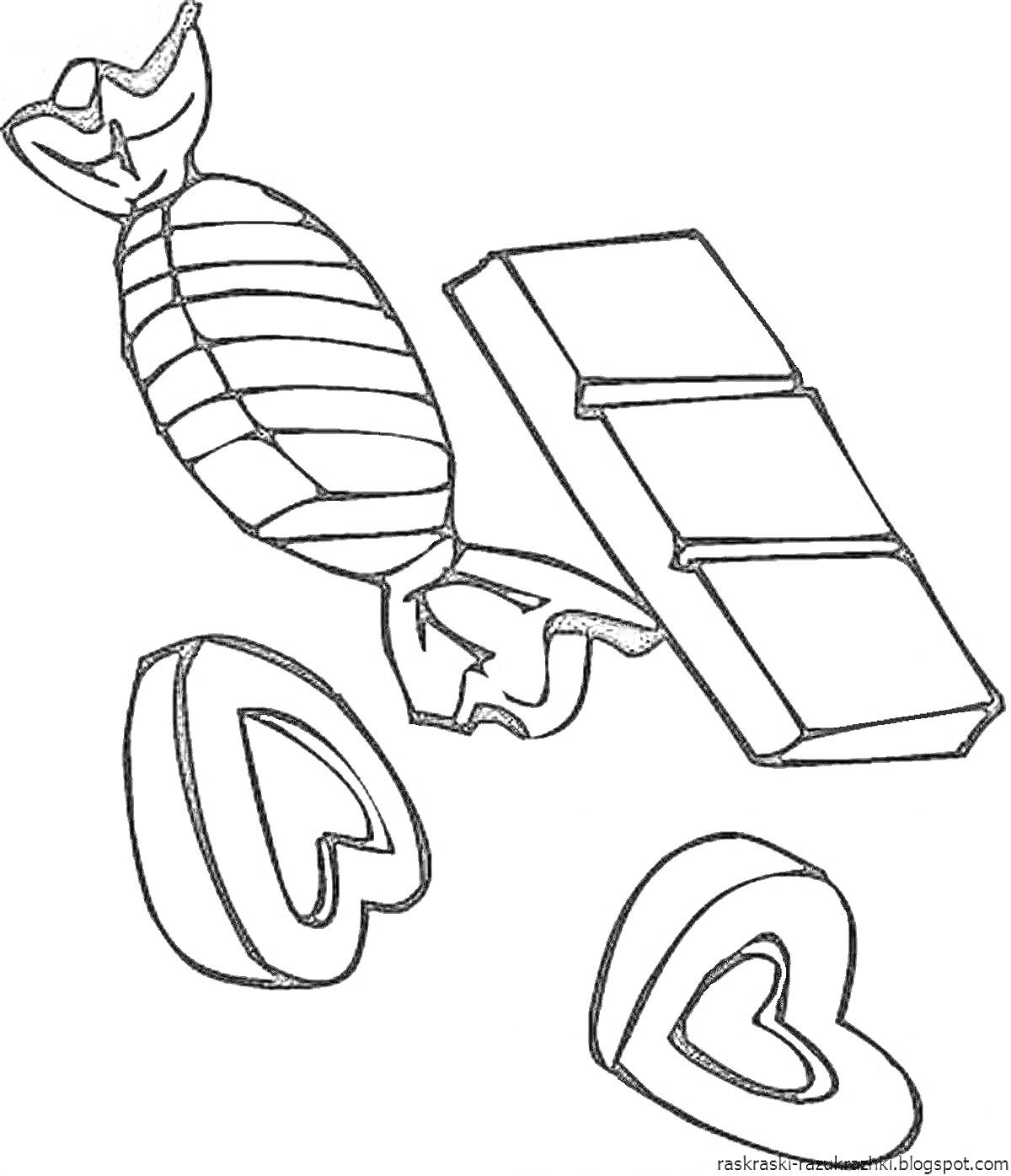 Раскраска Плитка шоколада, конфета в обертке и две конфеты в форме сердца