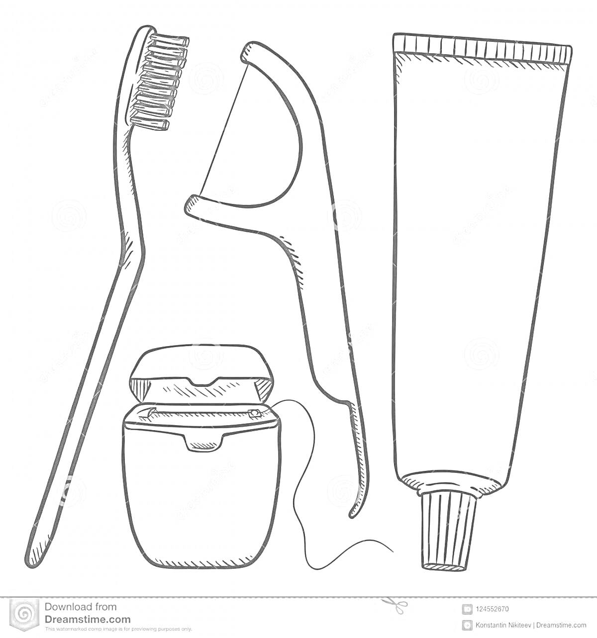 Раскраска Зубная щетка, зубная паста, зубная нить в контейнере и зубная нить-держатель