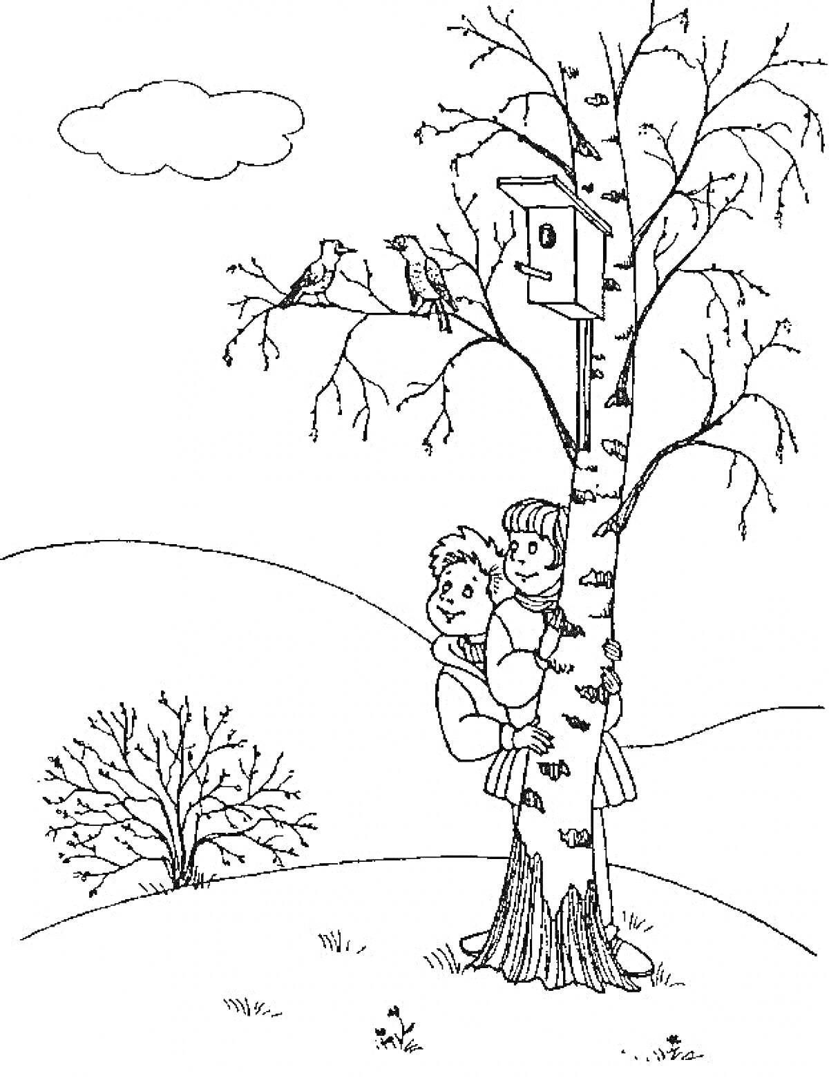 Раскраска Весенний пейзаж с детьми под деревом, гнездом и птицами на холме