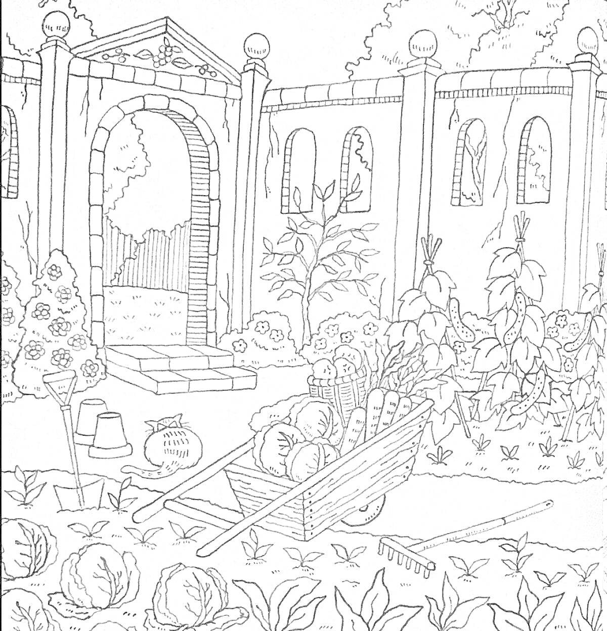 Раскраска Внутренний дворик с растениями и овощами, садовая тележка с овощами, садовые инструменты, кирпичная арка и стена с окнами