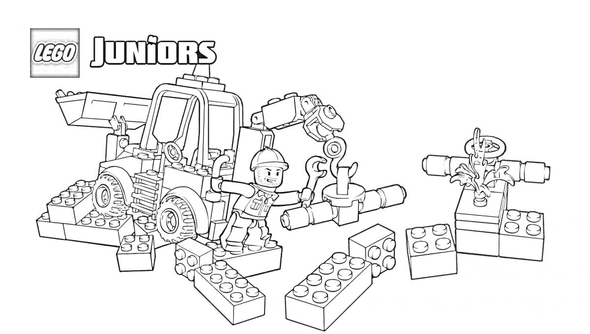 Раскраска Лего джип JUNIORS с фигуркой человека, краном и постройками из блоков