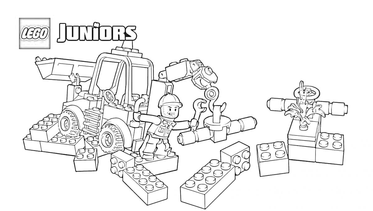 На раскраске изображено: Лего, Джип, Человек, Фигурка, Кран, Блоки, Постройки, Игрушка, Строительство, Креативность, Для детей, Игра