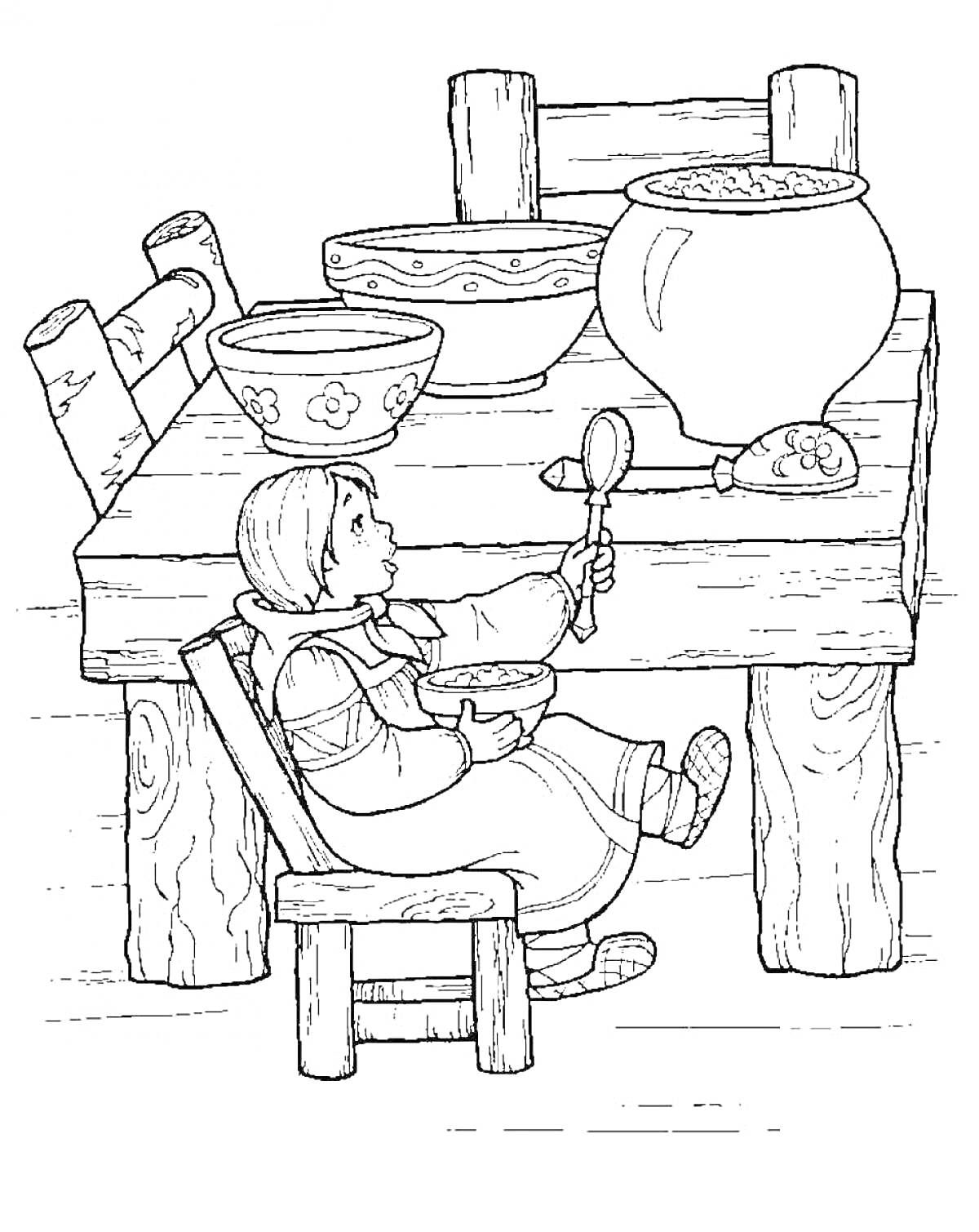 Раскраска Девочка сидит за столом и ест из миски, на столе стоят несколько мисок и большая кастрюля