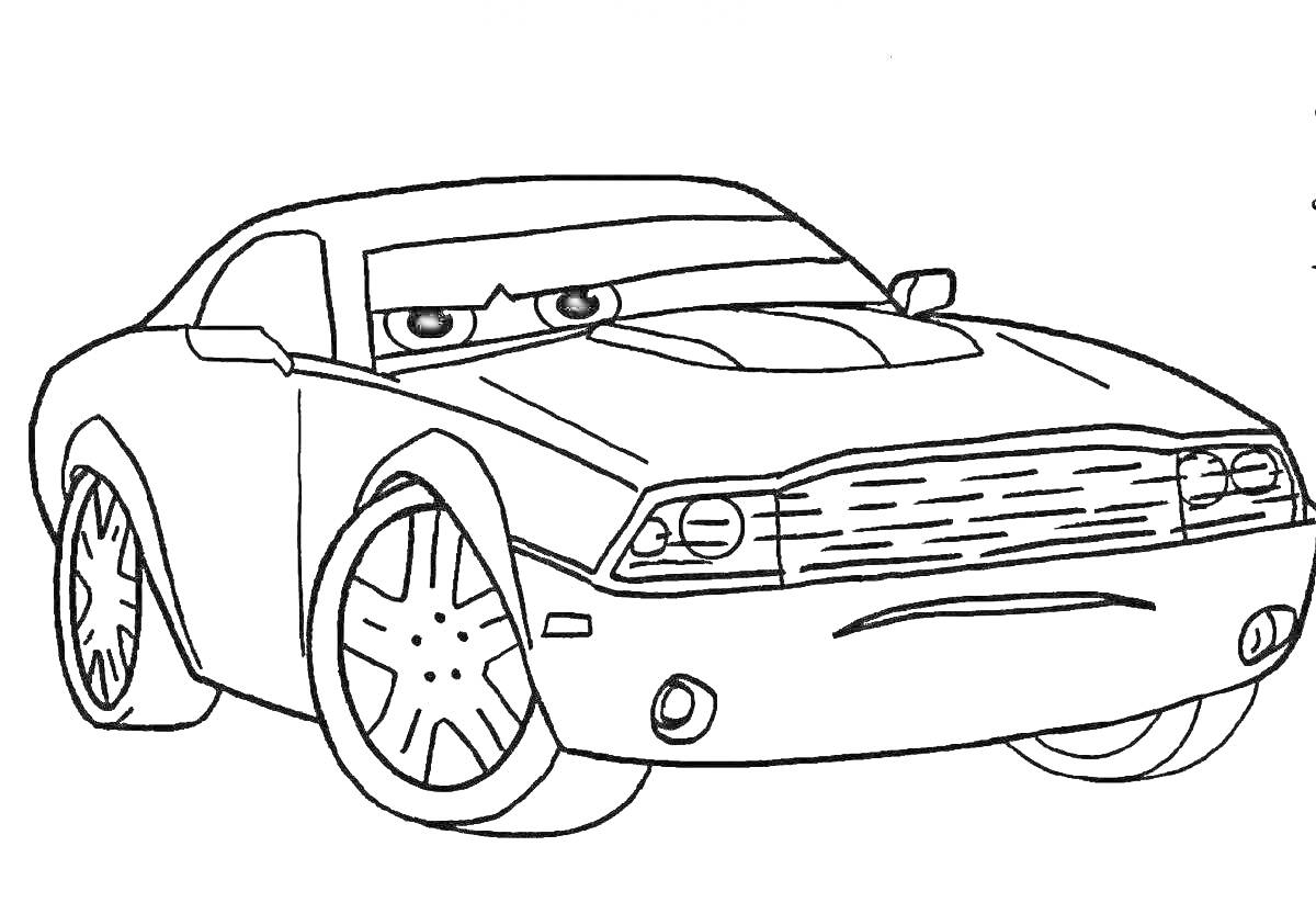 На раскраске изображено: Глаза, Капот, Колёса, Мультяшный автомобиль