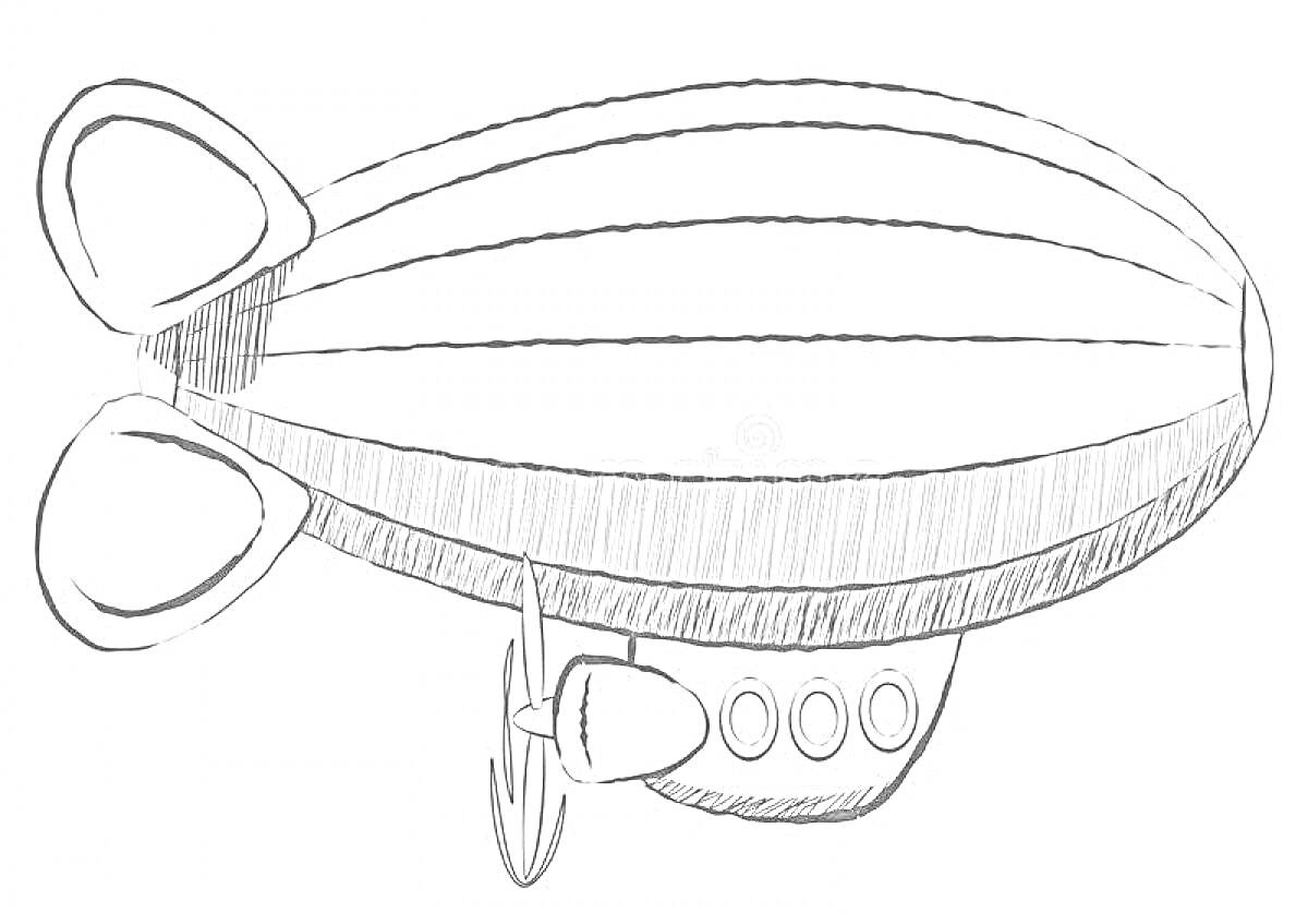 Раскраска Дирижабль с двумя хвостовыми стабилизаторами и гондолой с окнами и винтом