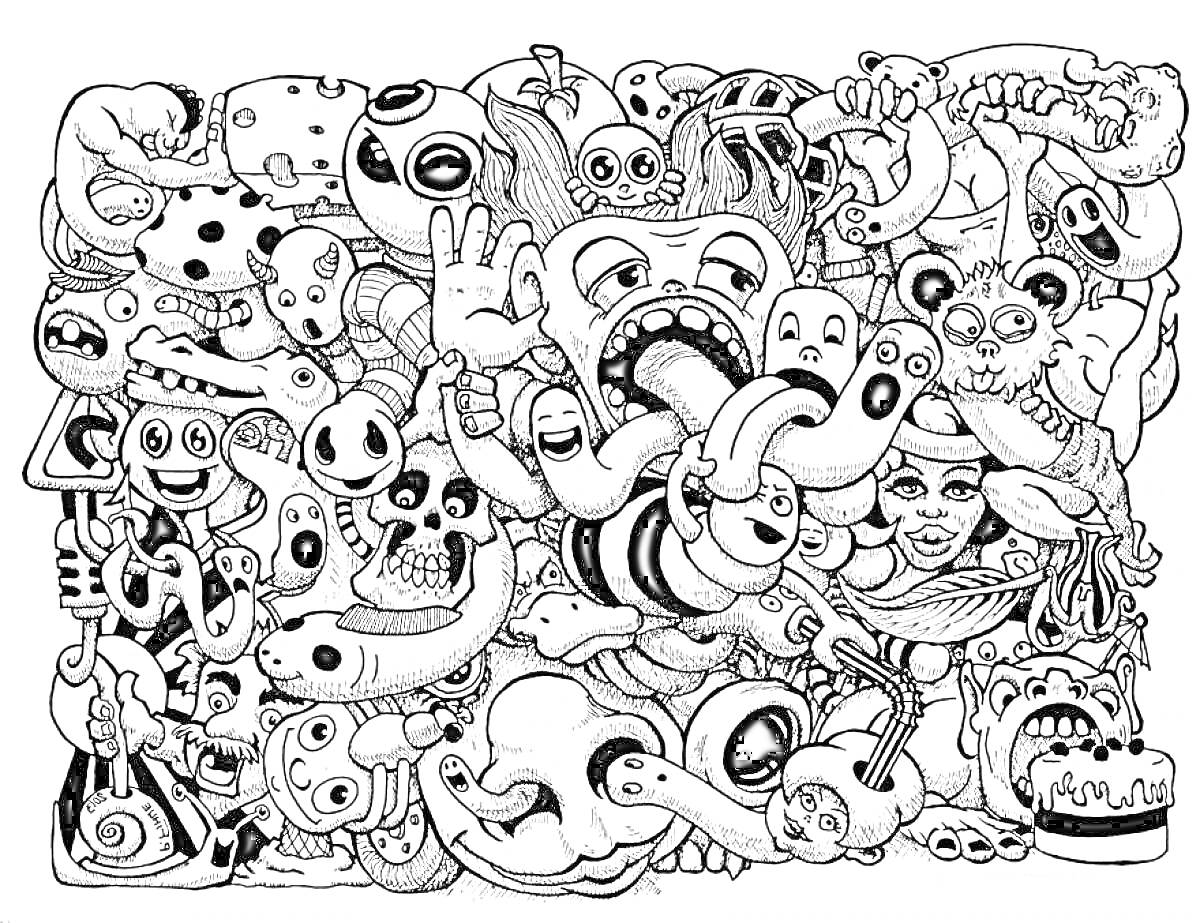 Раскраска Групповая сцена из различных монстров, существ и объектов, включая черепа, глаза, руки, лица, и мультяшные персонажи с торчащими языками.