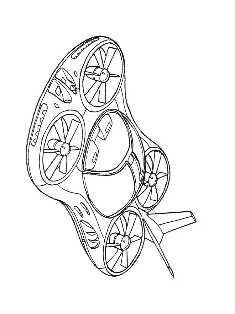 Раскраска Летающий автомобиль с четырьмя винтами и обтекаемым корпусом