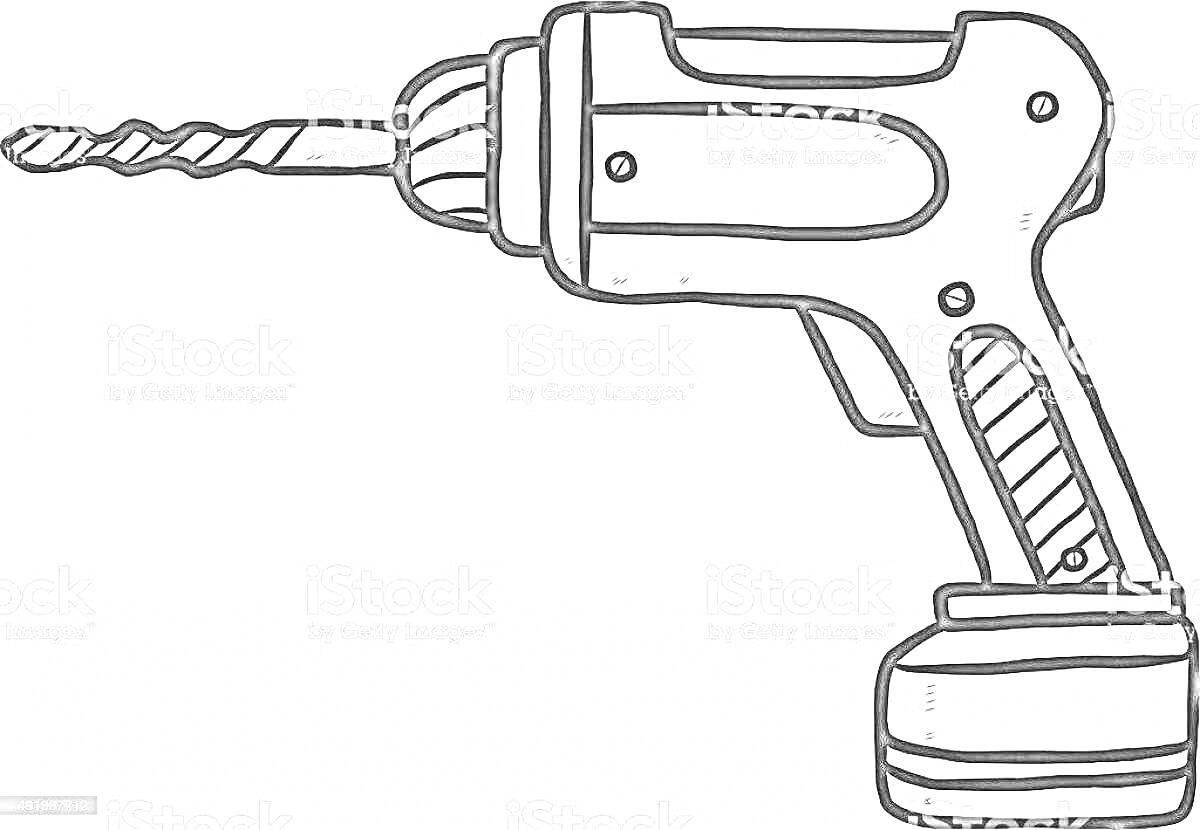 Раскраска Ручная электрическая дрель с патроном и сверлом