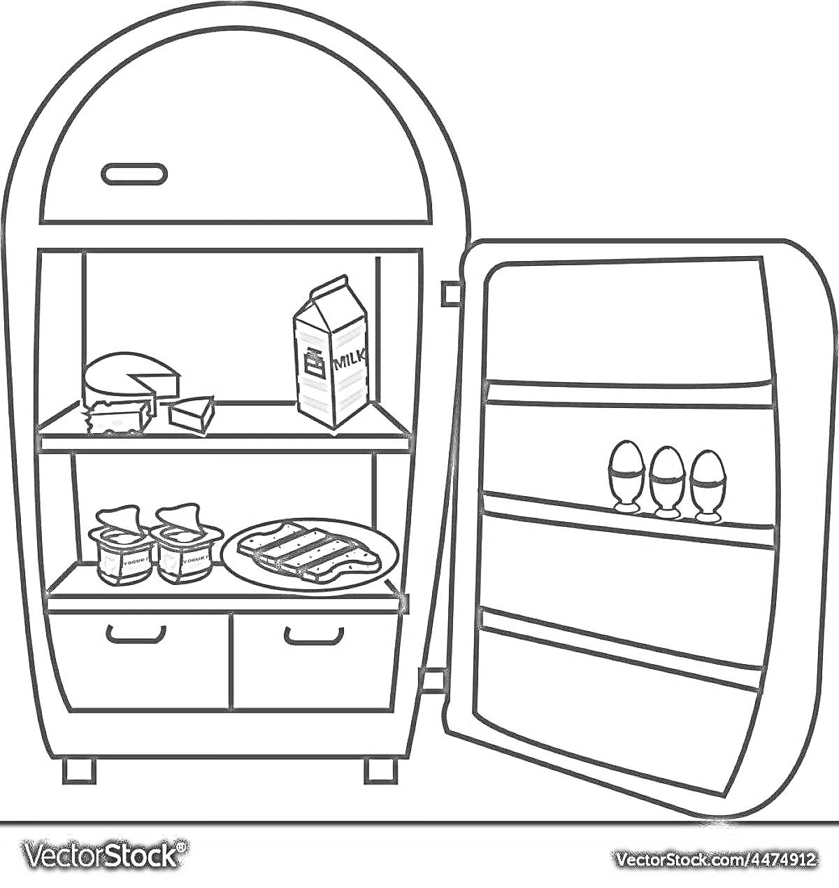 На раскраске изображено: Холодильник, Молоко, Сыр, Яйца, Йогурт, Бекон, Продукты, Кухня, Еда