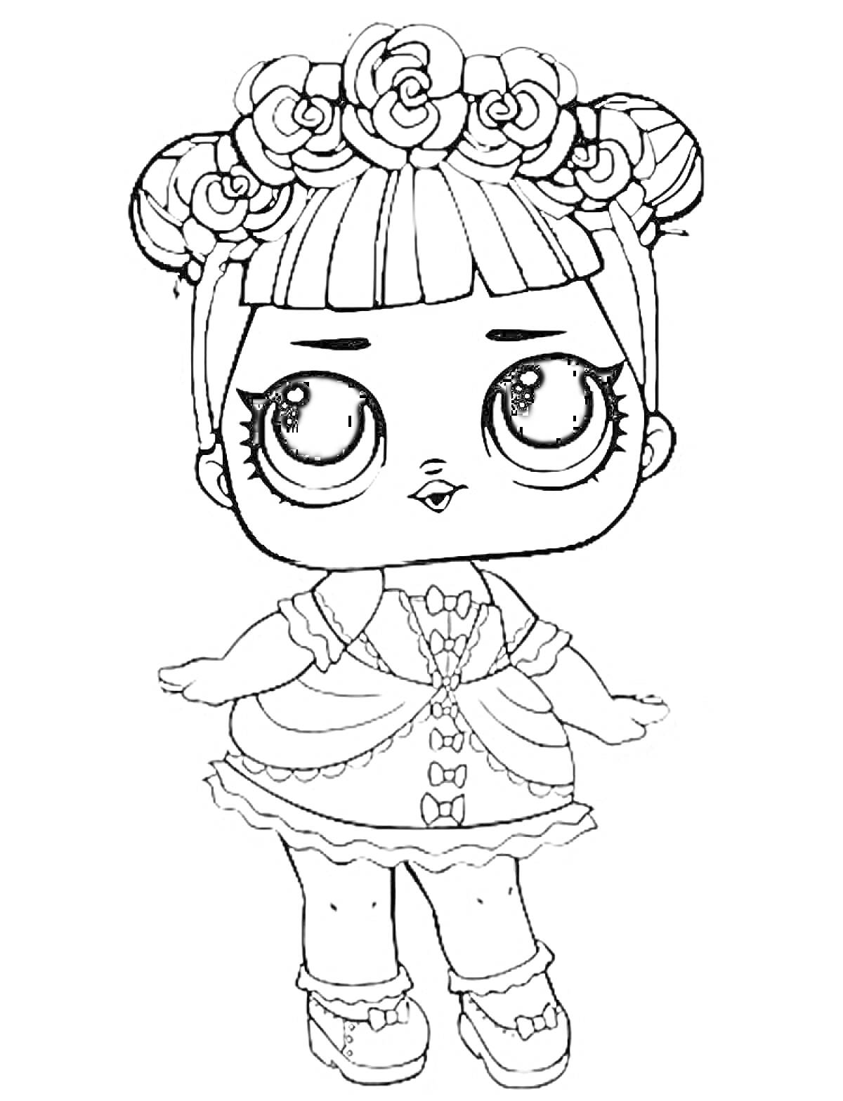 Раскраска Кукла Лол с цветами в волосах и в платье с бантами