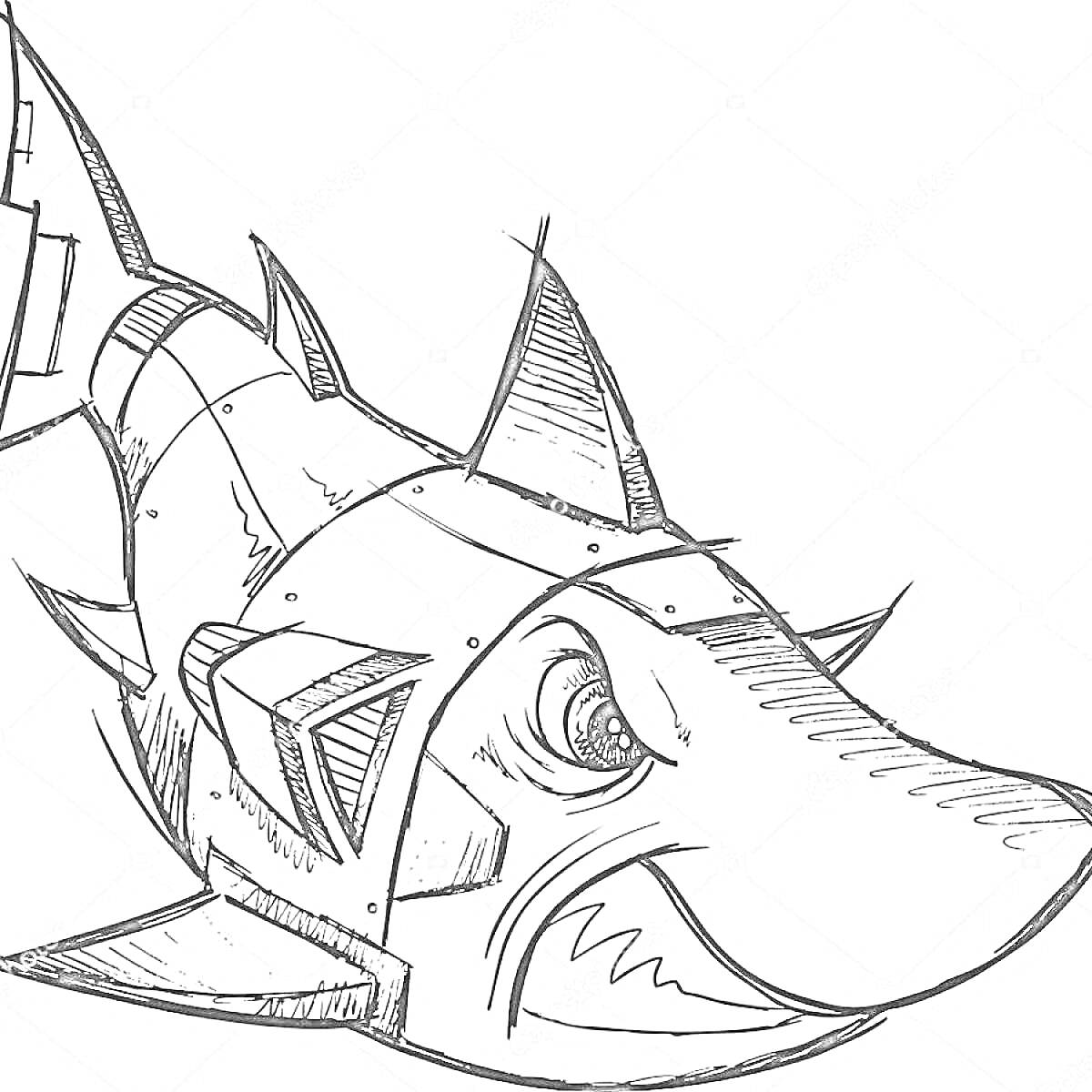 Раскраска Акула робот с металлическими пластинами и шипами