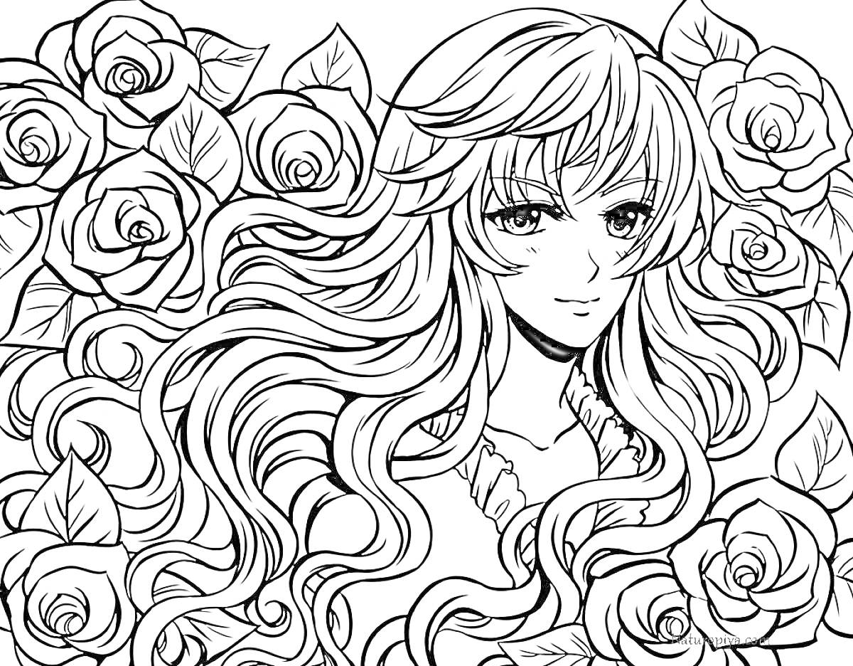 Раскраска Девушка с длинными волосами на фоне роз