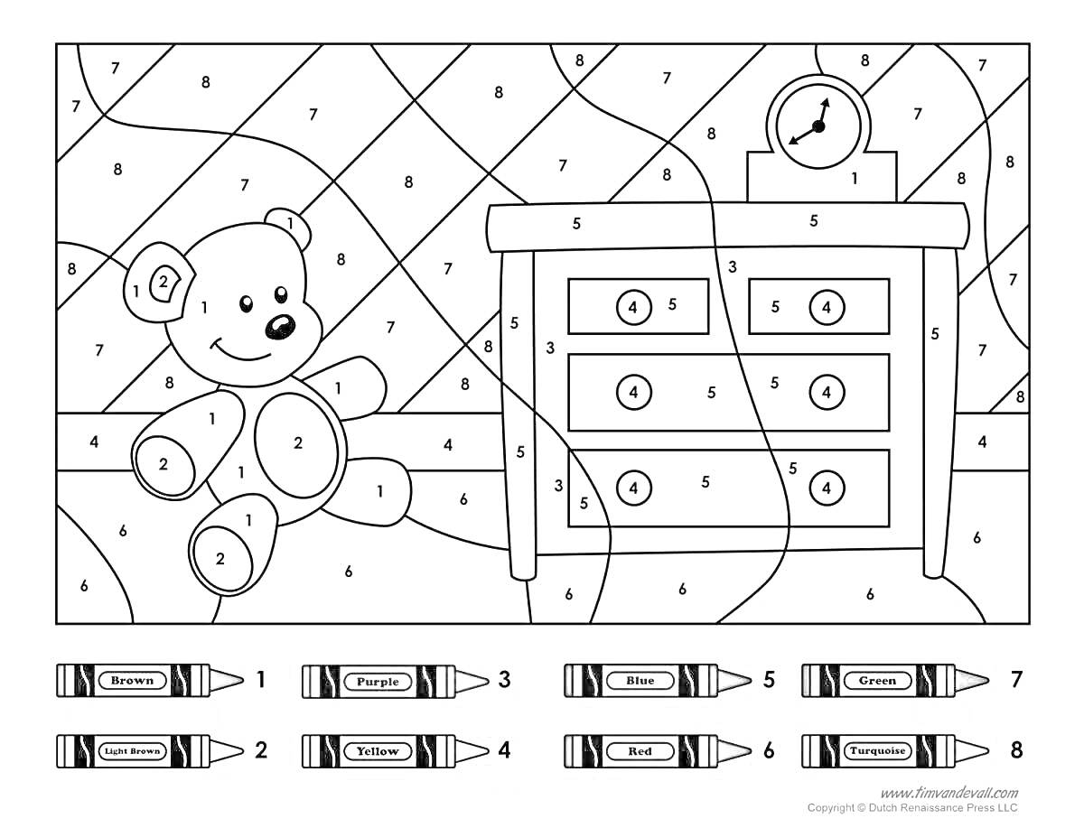Раскраска Медвежонок и комод в комнате с ковром и часами. Раскраска по номерам.
