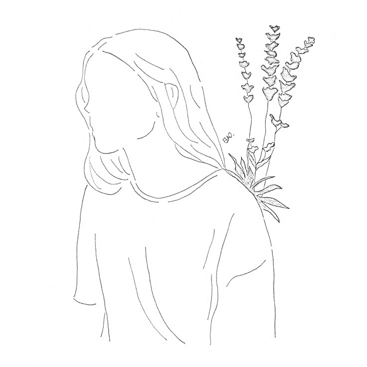 Раскраска Силуэт девушки с распущенными волосами и растениями на плече