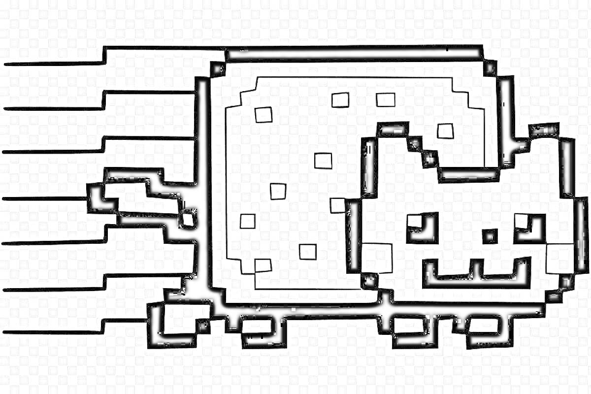 Раскраска Радужный котик в форме пиксельного кота в виде тоста, с линиями движения