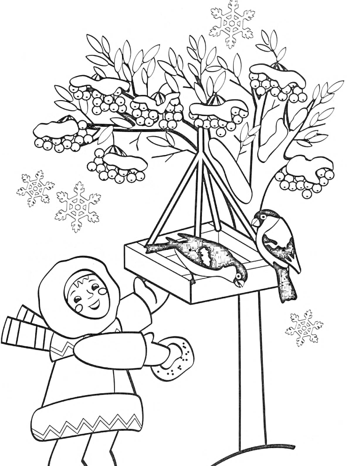 На раскраске изображено: Ребёнок, Кормушка, Зима, Снег, Ягоды, Снежинки, Кормление птиц, Снегирь, Птица, Деревья