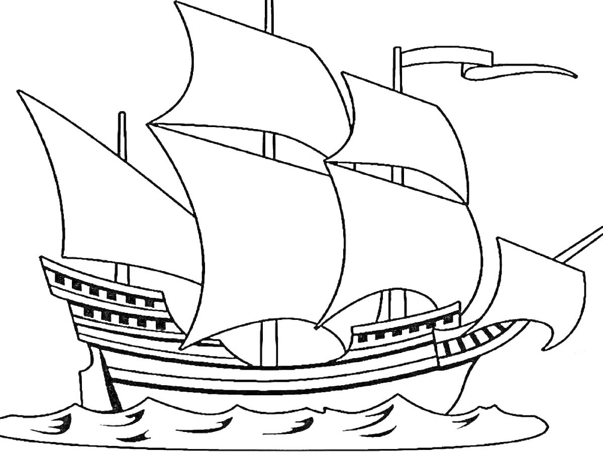 Корабль с парусами и флагом, находящийся на волнах