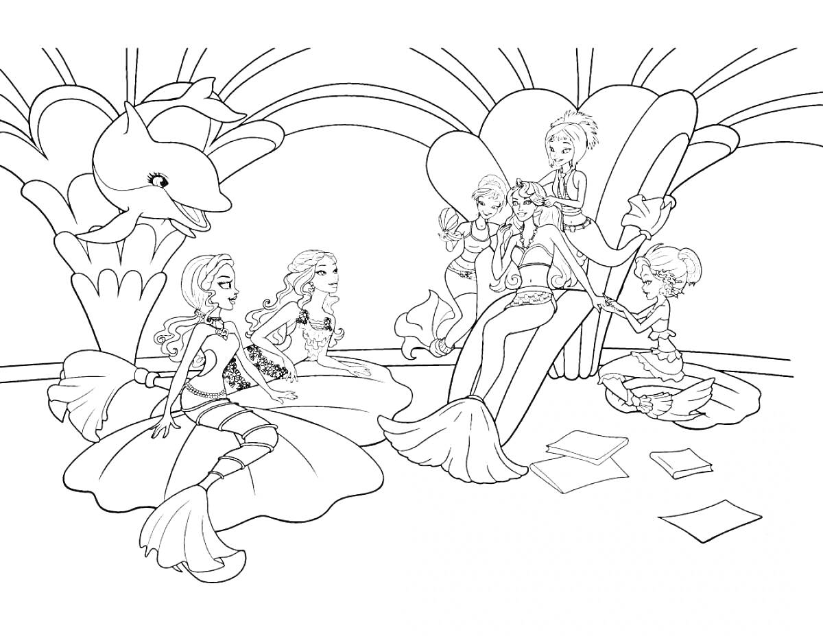 На раскраске изображено: Барби, Русалка, Подводный мир, Дворец, Друзья, Для детей, Дельфины, Морские обитатели