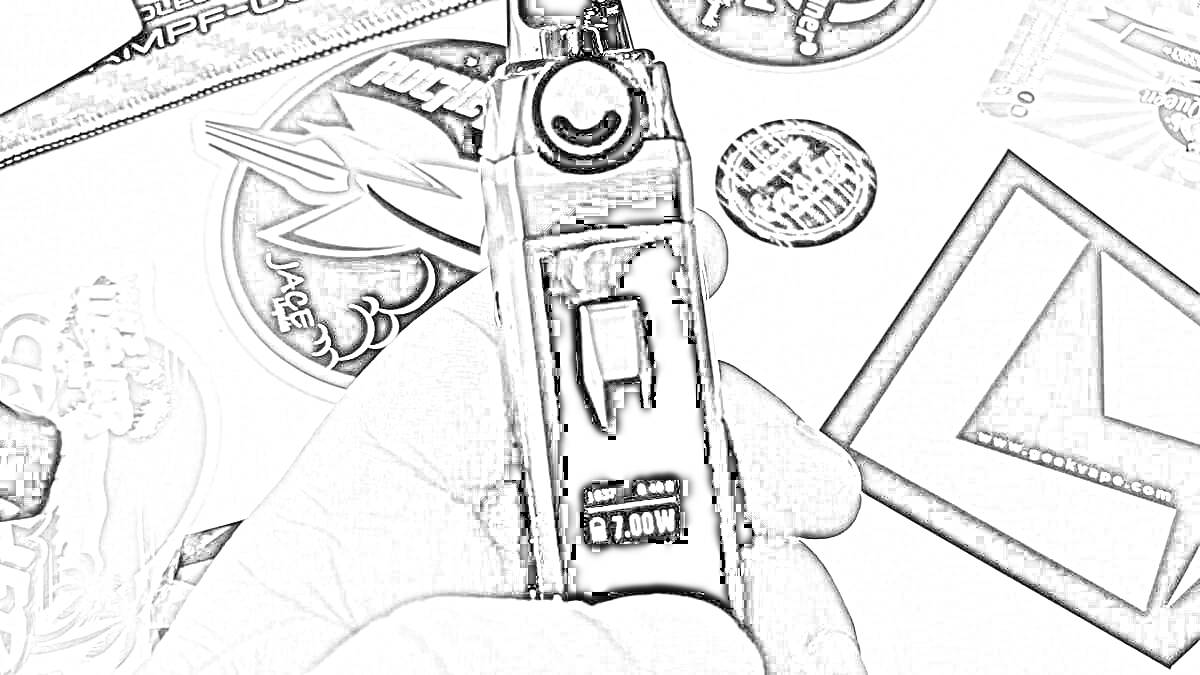 Раскраска Электронное устройство Аегис Буст в руке на фоне круглых и квадратных наклеек