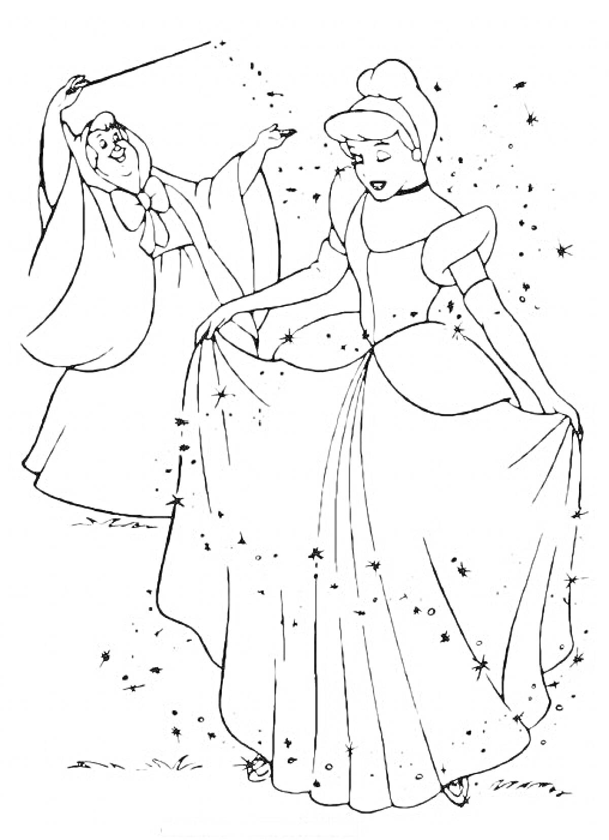 РаскраскаВолшебница и девушка в длинном платье, окружённая искорками