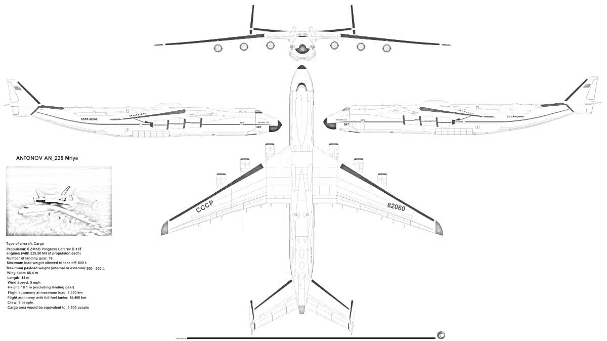 На раскраске изображено: Ан-225, Мрия, Авиация, Транспорт