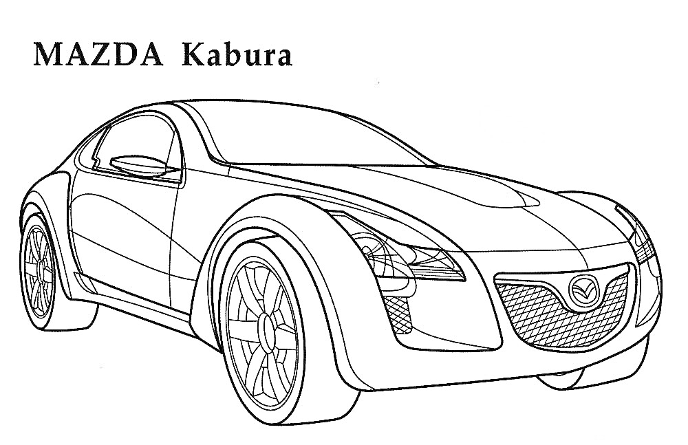 На раскраске изображено: Mazda, Купе, Мотор, Транспорт, Авто, Контурные рисунки