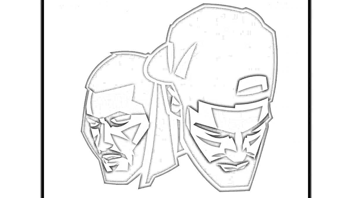 Раскраска Два мужских лица в черной кепке и без, графическое изображение