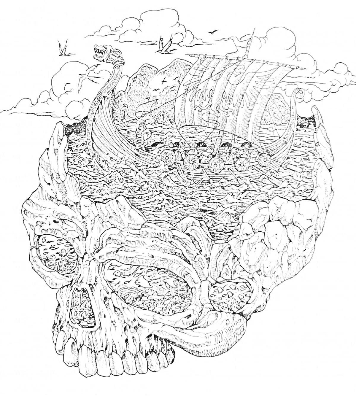 Раскраска Викингский корабль, плывущий по морю, на фоне черепа