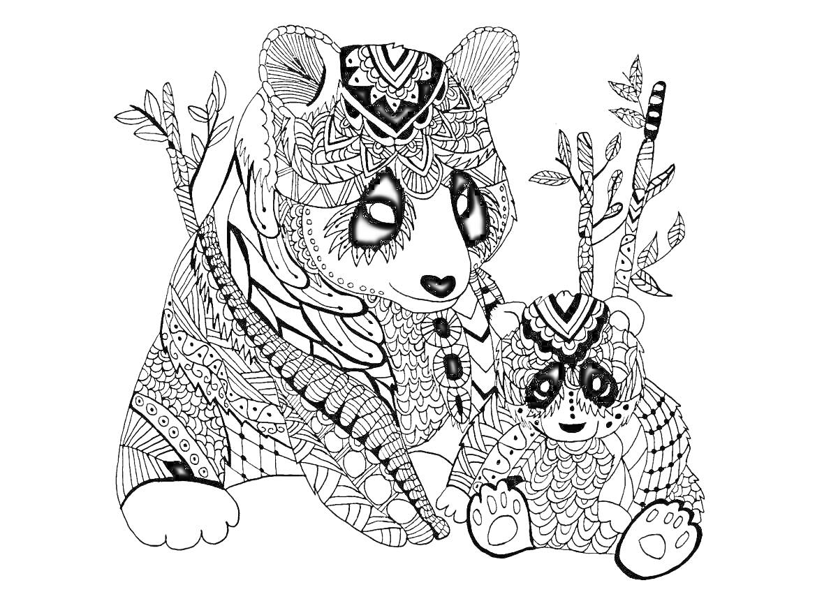 Раскраска Панды-мама и детеныш с декоративными узорами, рядом растут бамбуковые побеги