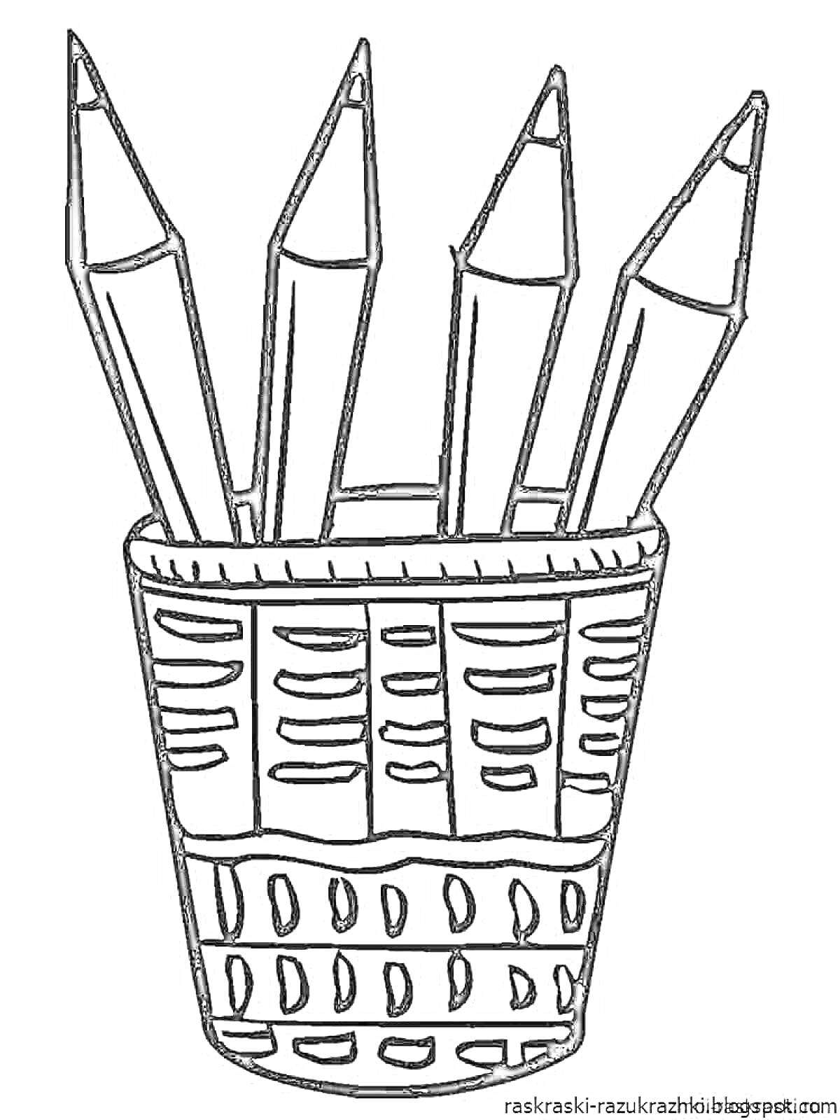 Раскраска Карандаши в стакане, четыре карандаша в стакане-органайзере