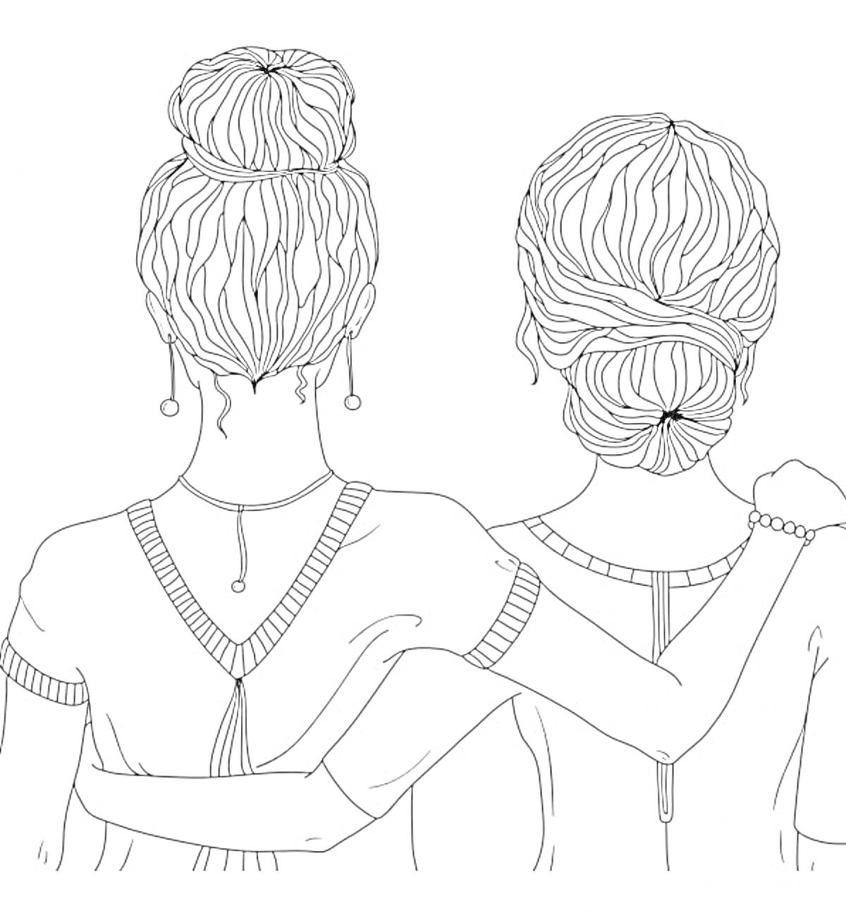 Раскраска Две девушки с высокой прической, обнимающиеся сзади