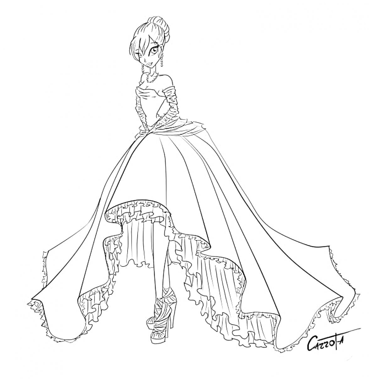 На раскраске изображено: Платье, Пышная юбка, Мода, Балерина, Вечерний наряд