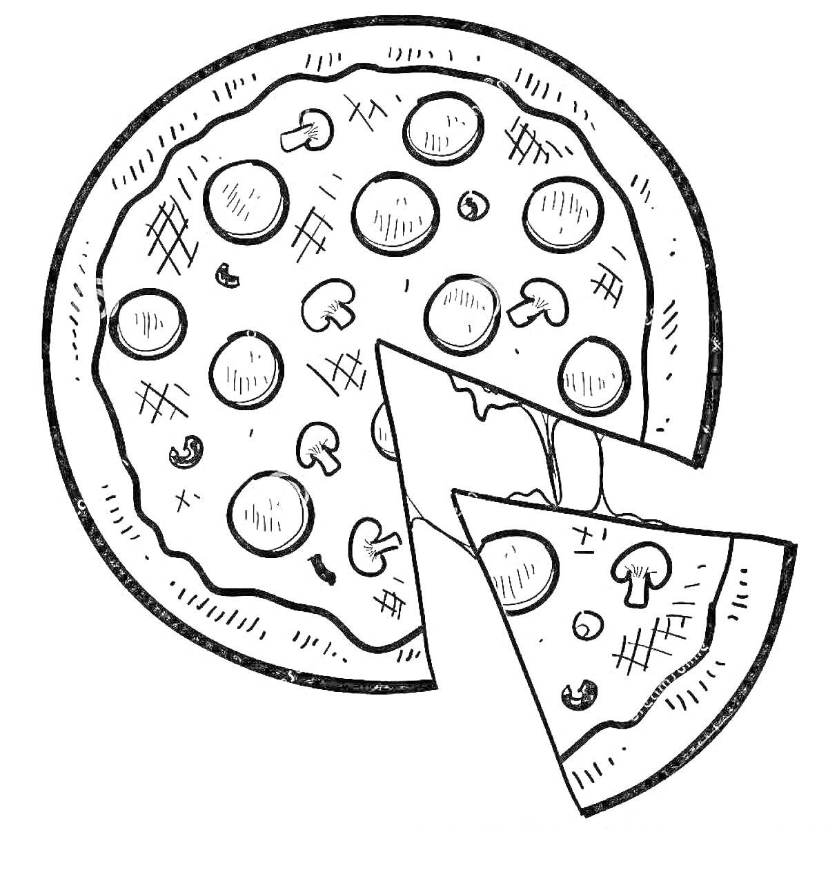 Раскраска Раскраска с изображением пиццы с грибами и помидорами, один кусок отрезан