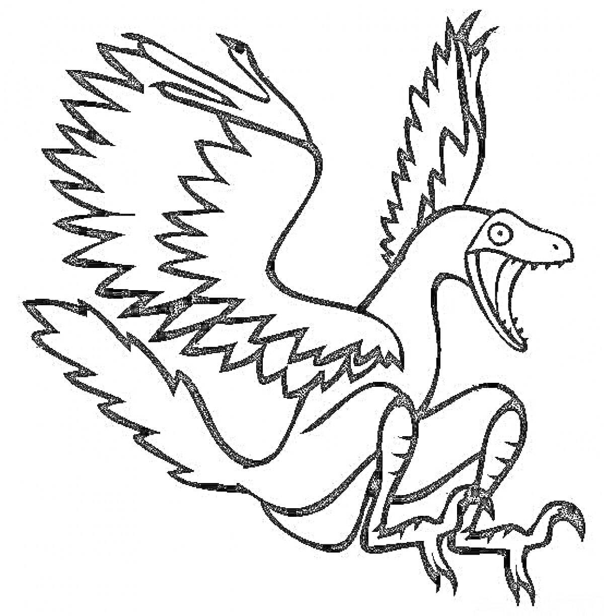 На раскраске изображено: Археоптерикс, Динозавр, Открытая пасть, Крылья, Когти