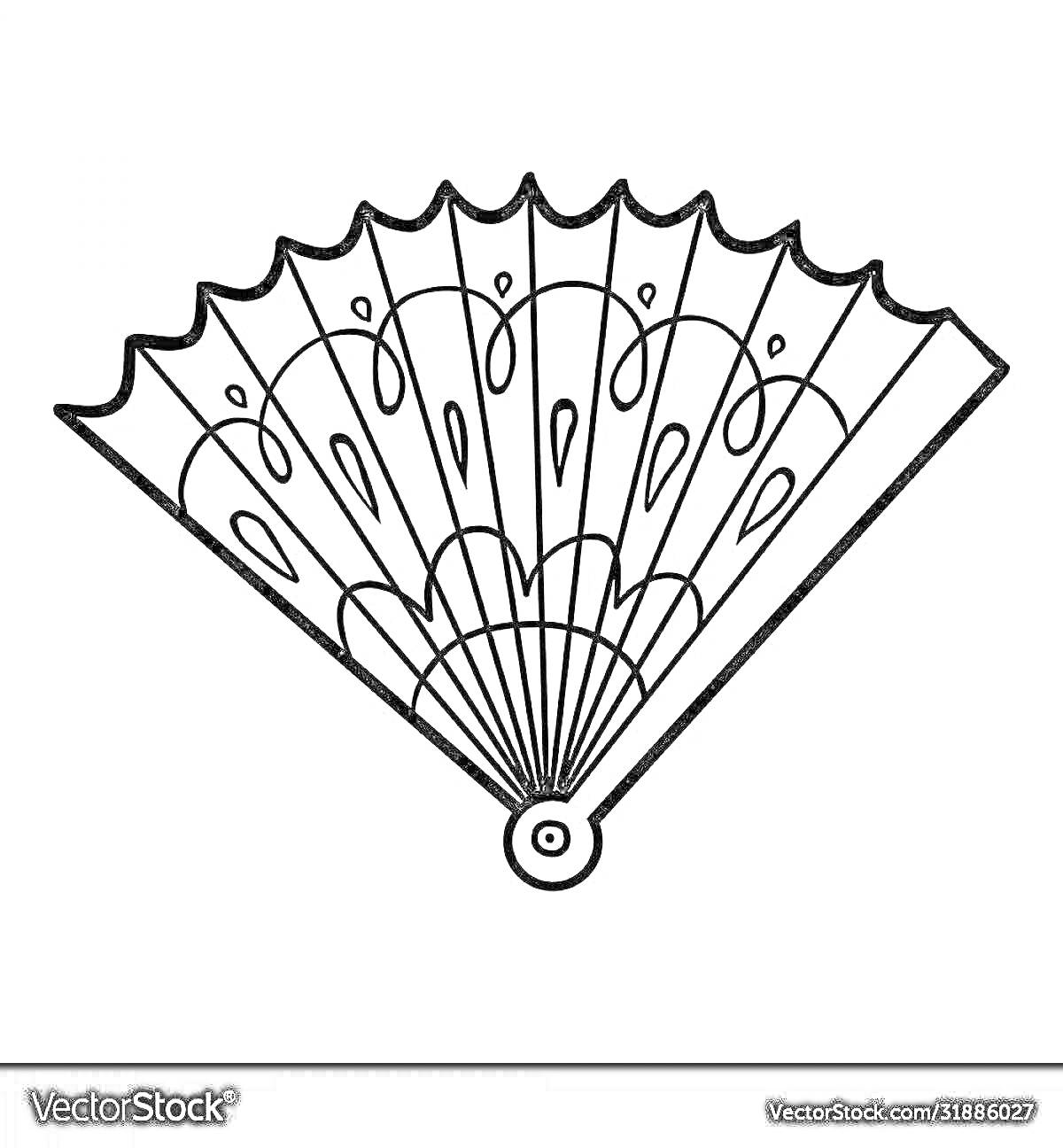 Раскраска Китайский веер с декоративными узорами и каплевидными элементами