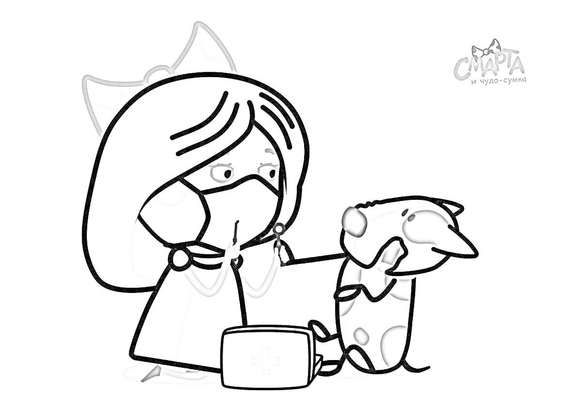 Раскраска Девочка с маской лечит собаку с аптечкой