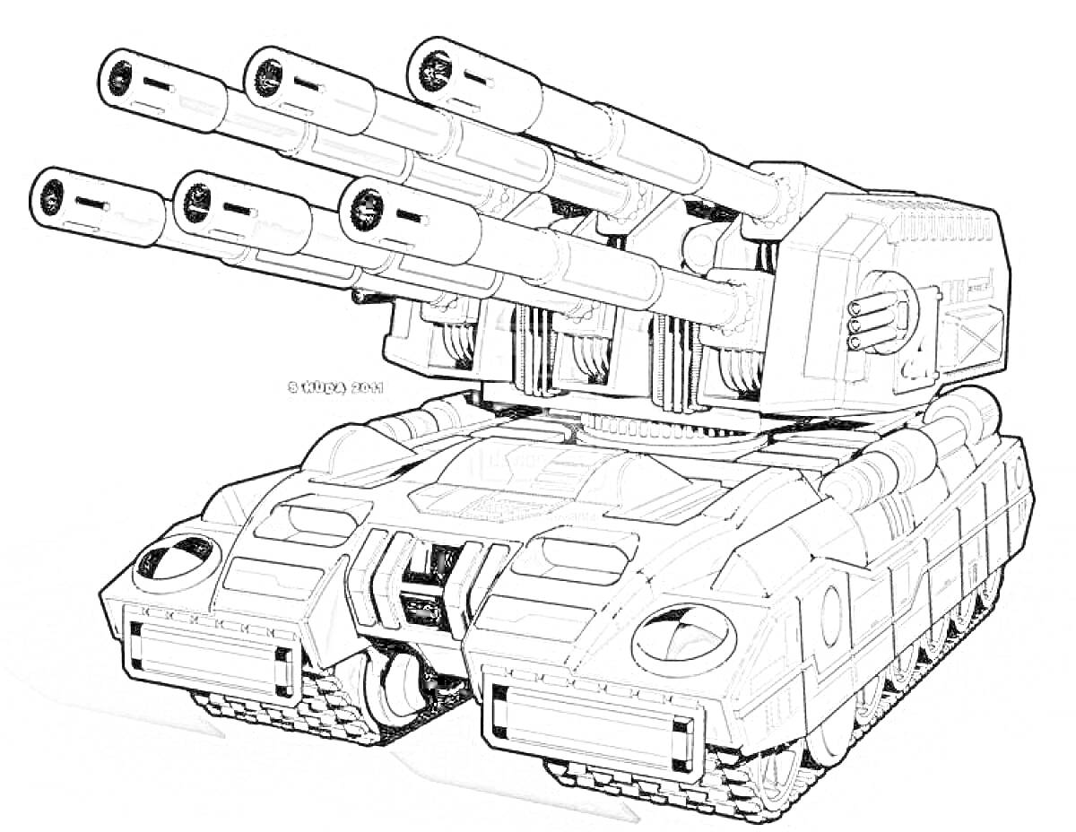 Раскраска Робот танк с четырьмя пушками и гусеничными траками